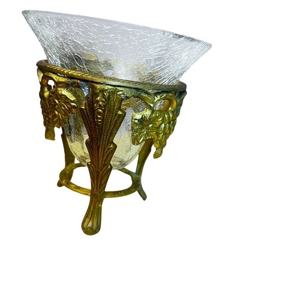 Vtg Brass & Crackle Glass Candlel Holder Vase Compote Bowl Grape Motif Design ** - Picture 13 of 13